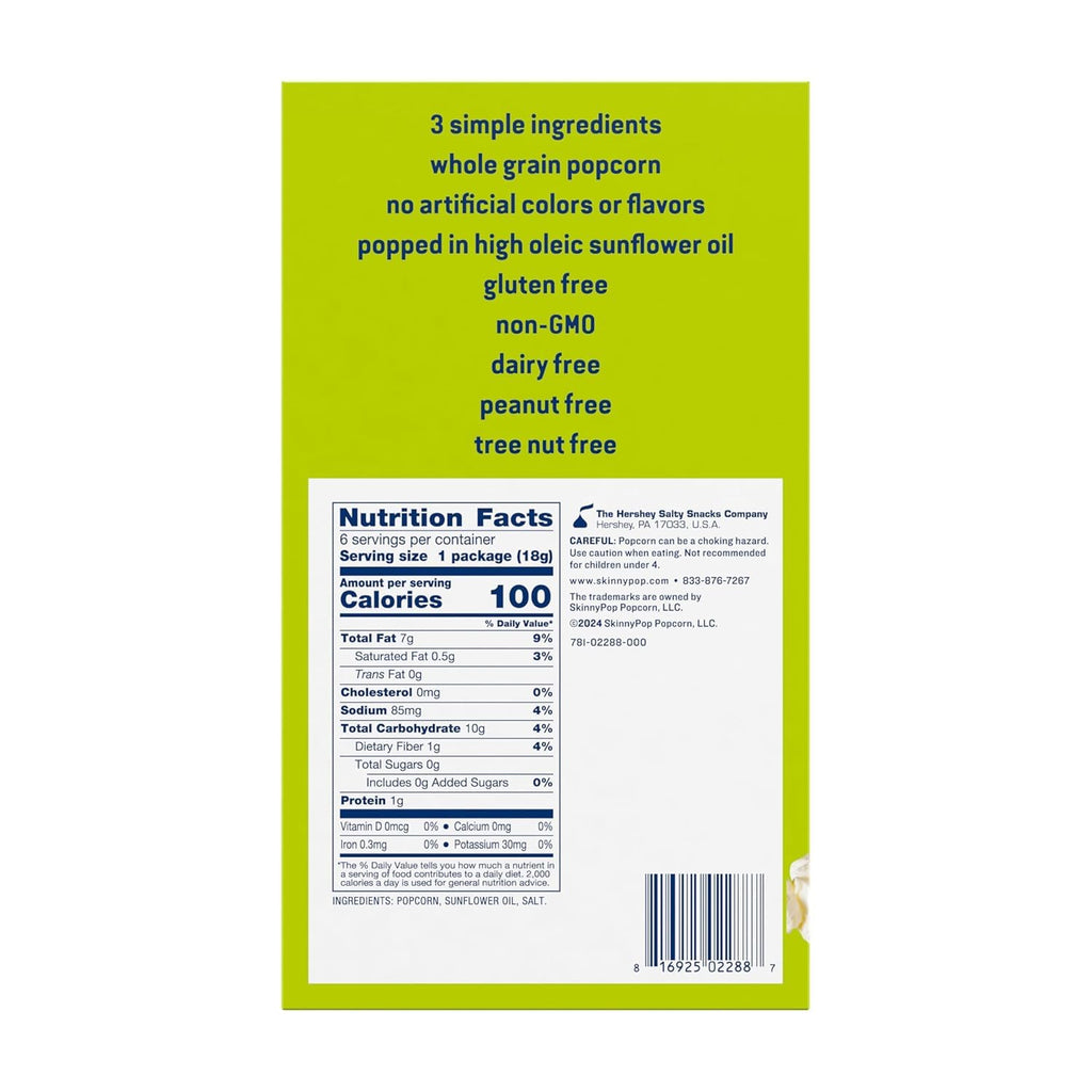 SkinnyPop Popcorn, Original, Whole Grain, Dairy-Free Snack, 0.65oz Bags (6ct)