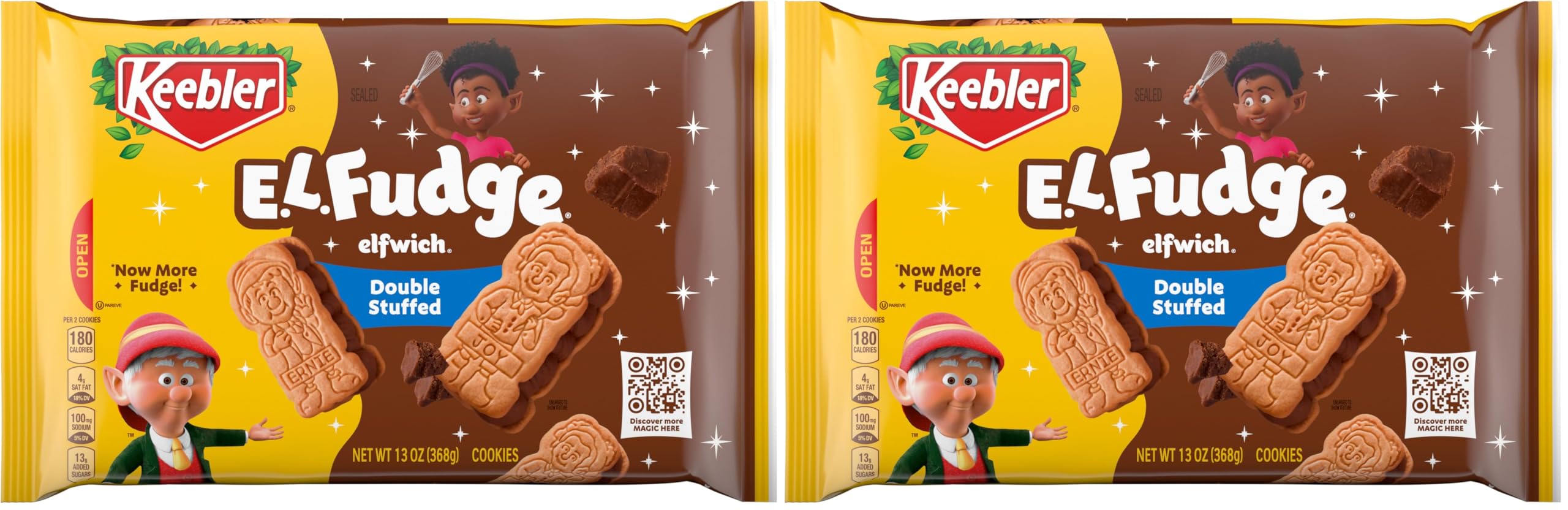 Keebler E.L. Fudge Double Stuffed Elfwich Cookies, Sandwich Cookies Stuffed with Crème Filling, 13 oz