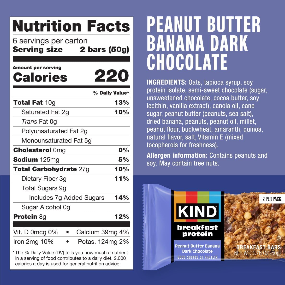 Kind, Bar Protein Breakfast Peanut Butter Banana Dark Chocolate 6 Count, 10.58 Ounce