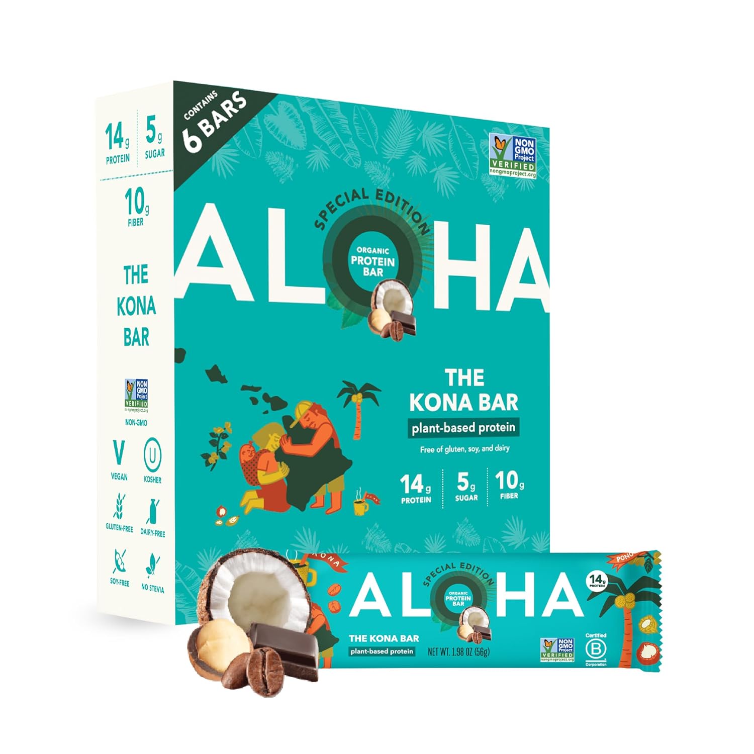ALOHA Organic Plant Based Protein Bars - Peanut Butter Cup Bar - 12 Bars, Vegan, Low Sugar, Gluten-Free, Low Carb, Non-GMO, No Stevia, No Erythritol