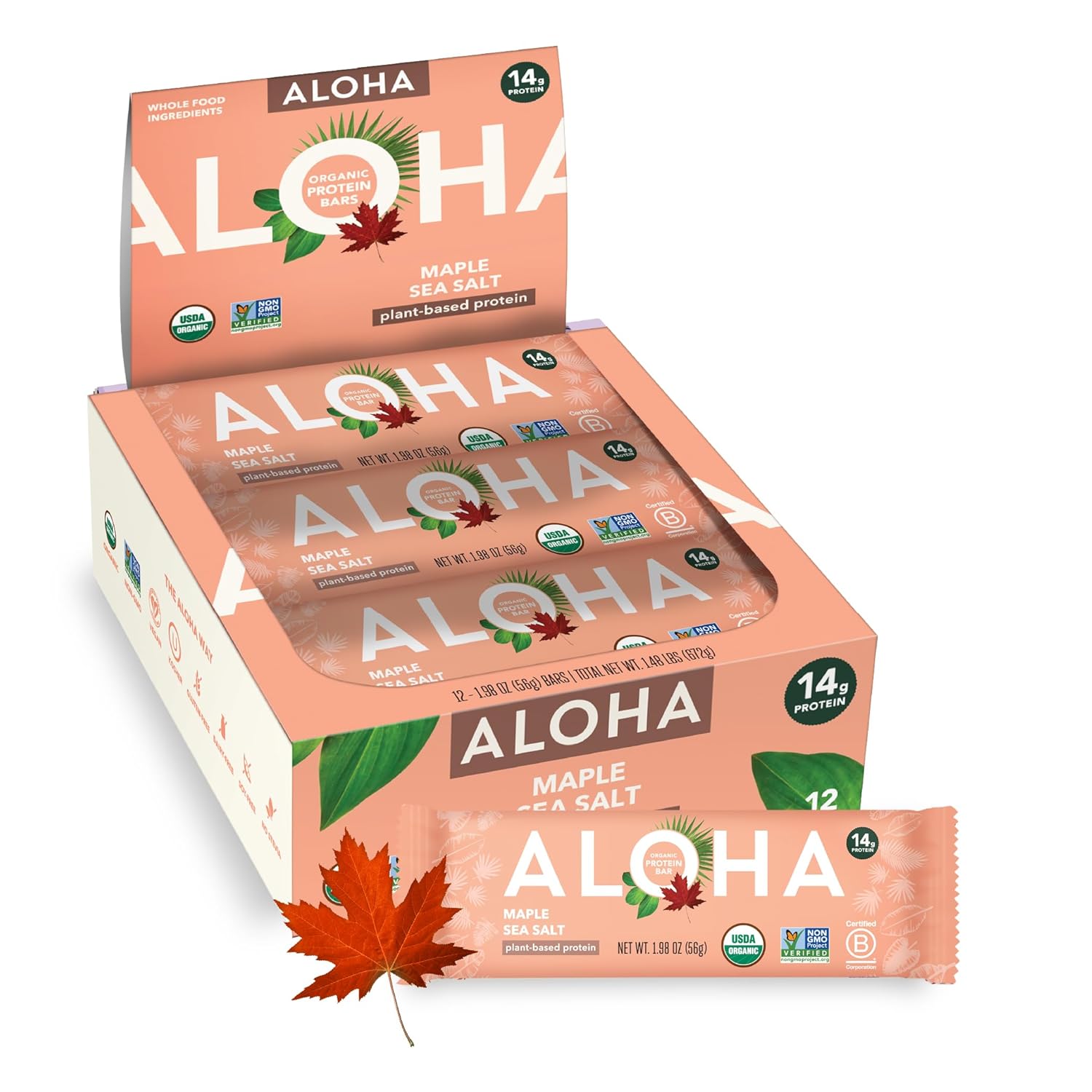 ALOHA Organic Plant Based Protein Bars - Peanut Butter Cup Bar - 12 Bars, Vegan, Low Sugar, Gluten-Free, Low Carb, Non-GMO, No Stevia, No Erythritol
