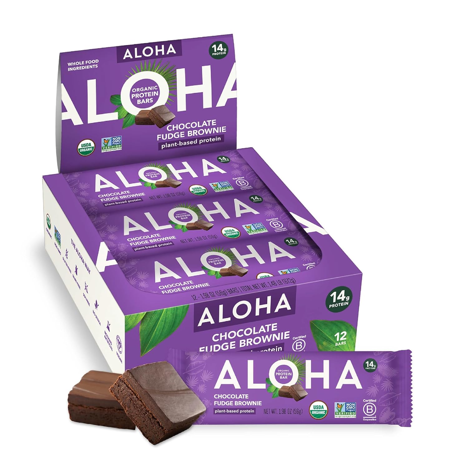 ALOHA Organic Plant Based Protein Bars - Peanut Butter Cup Bar - 12 Bars, Vegan, Low Sugar, Gluten-Free, Low Carb, Non-GMO, No Stevia, No Erythritol