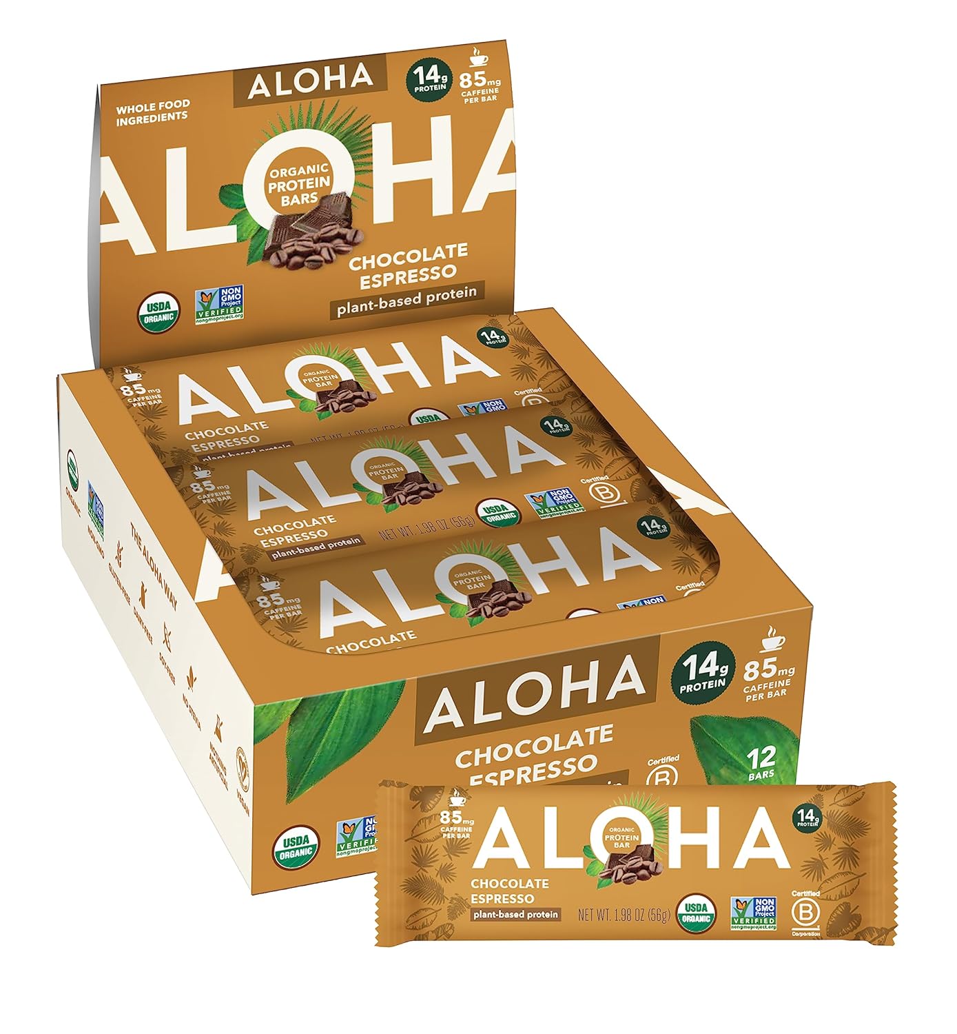 ALOHA Organic Plant Based Protein Bars - Peanut Butter Cup Bar - 12 Bars, Vegan, Low Sugar, Gluten-Free, Low Carb, Non-GMO, No Stevia, No Erythritol