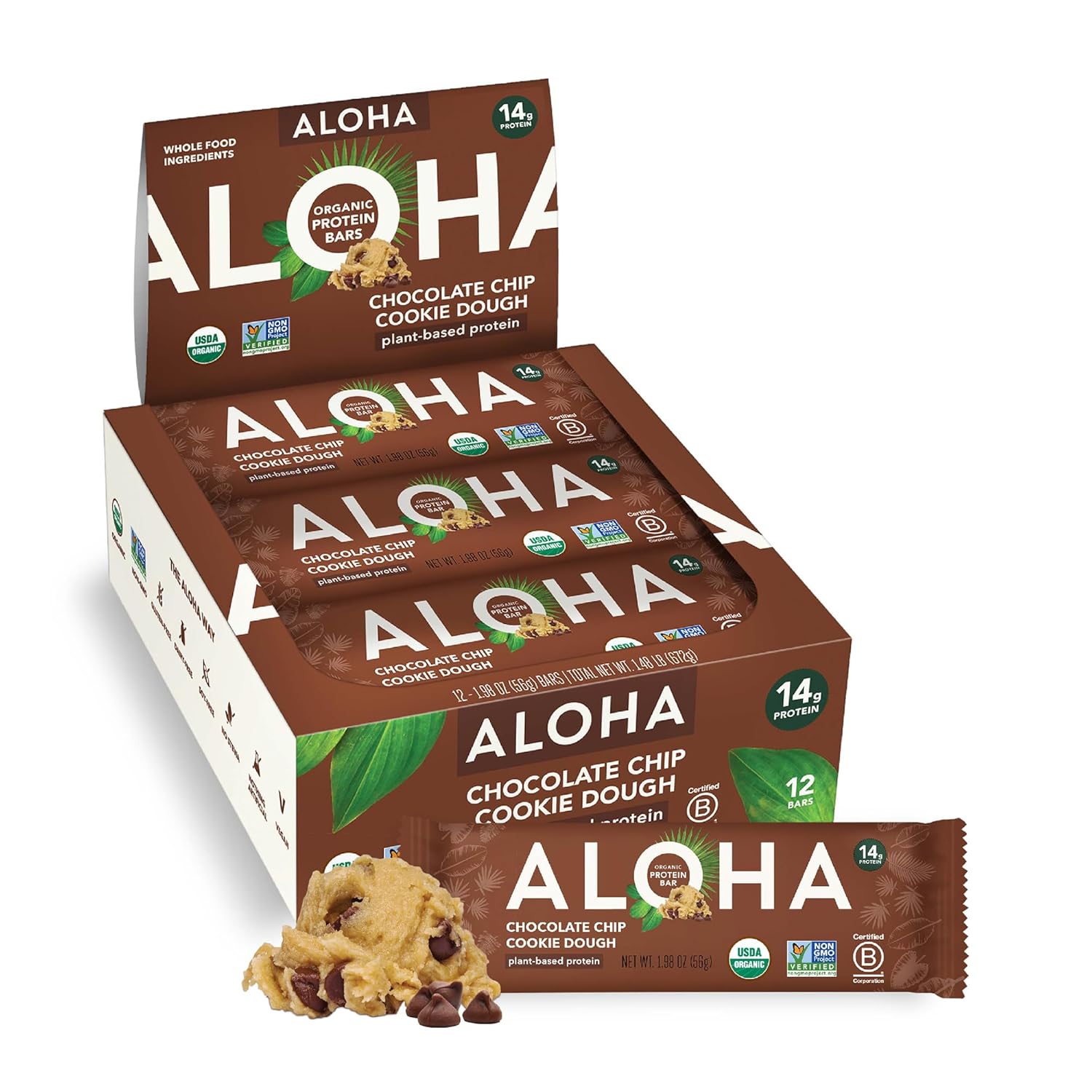 ALOHA Organic Plant Based Protein Bars - Peanut Butter Cup Bar - 12 Bars, Vegan, Low Sugar, Gluten-Free, Low Carb, Non-GMO, No Stevia, No Erythritol