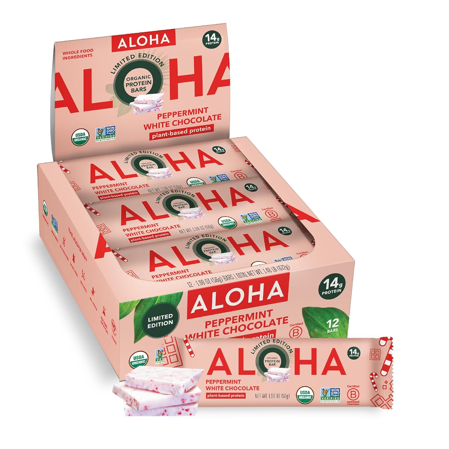 ALOHA Organic Plant Based Protein Bars - Peanut Butter Cup Bar - 12 Bars, Vegan, Low Sugar, Gluten-Free, Low Carb, Non-GMO, No Stevia, No Erythritol