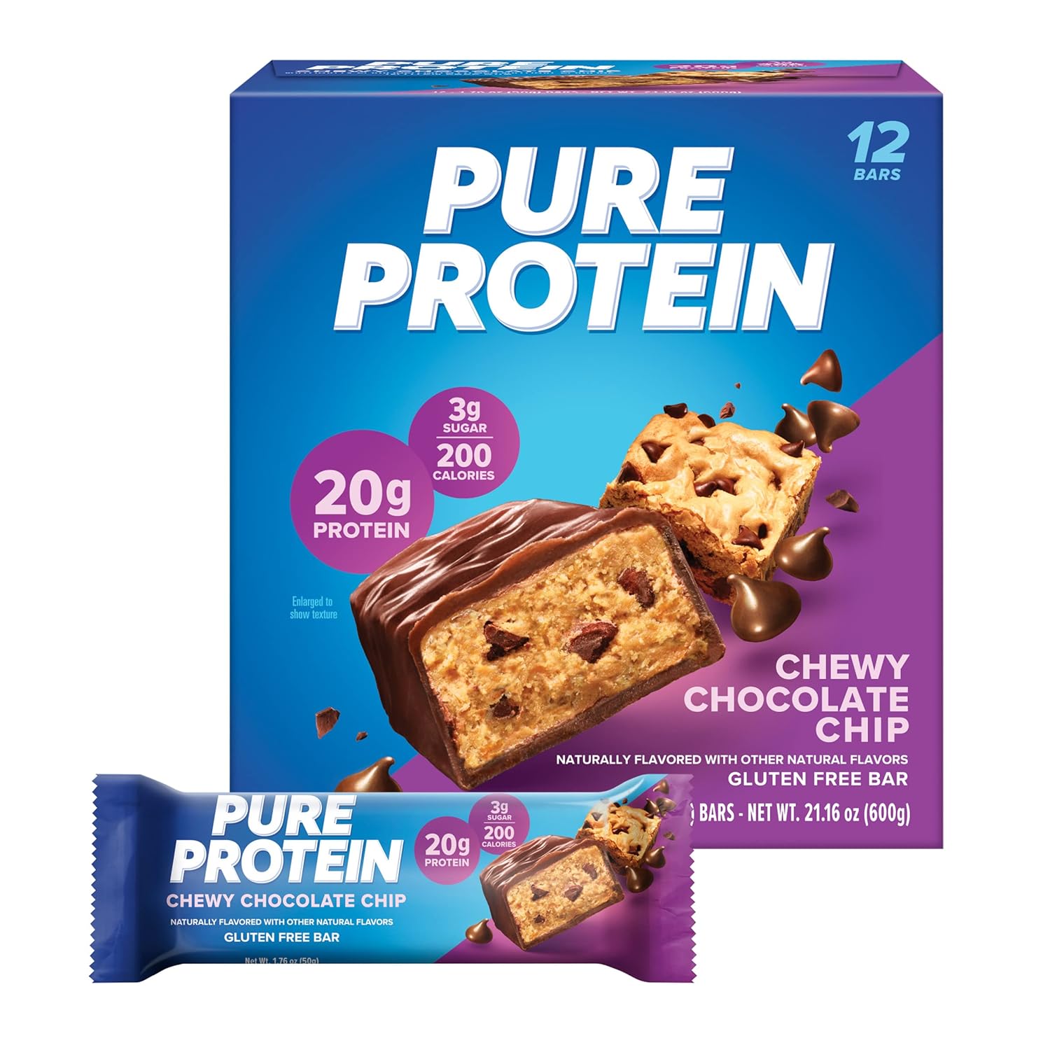 Pure Protein Chocolate Peanut Butter Protein Bars – 20g Protein, 3g Sugar, 190 Calories (12 count) Low Sugar* High Protein Snack - Gluten Free - Perfect for a Healthy Snack
