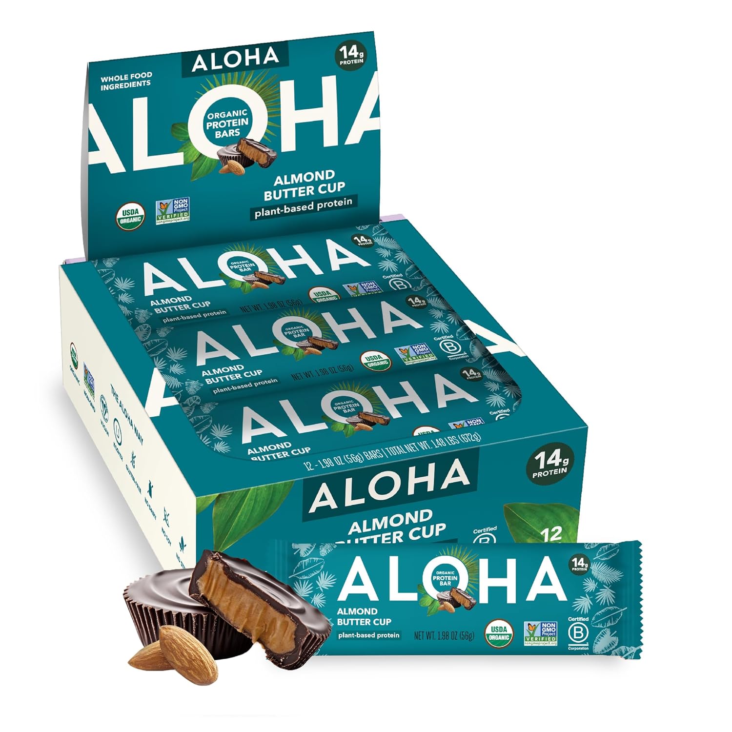 ALOHA Organic Plant Based Protein Bars - Peanut Butter Cup Bar - 12 Bars, Vegan, Low Sugar, Gluten-Free, Low Carb, Non-GMO, No Stevia, No Erythritol
