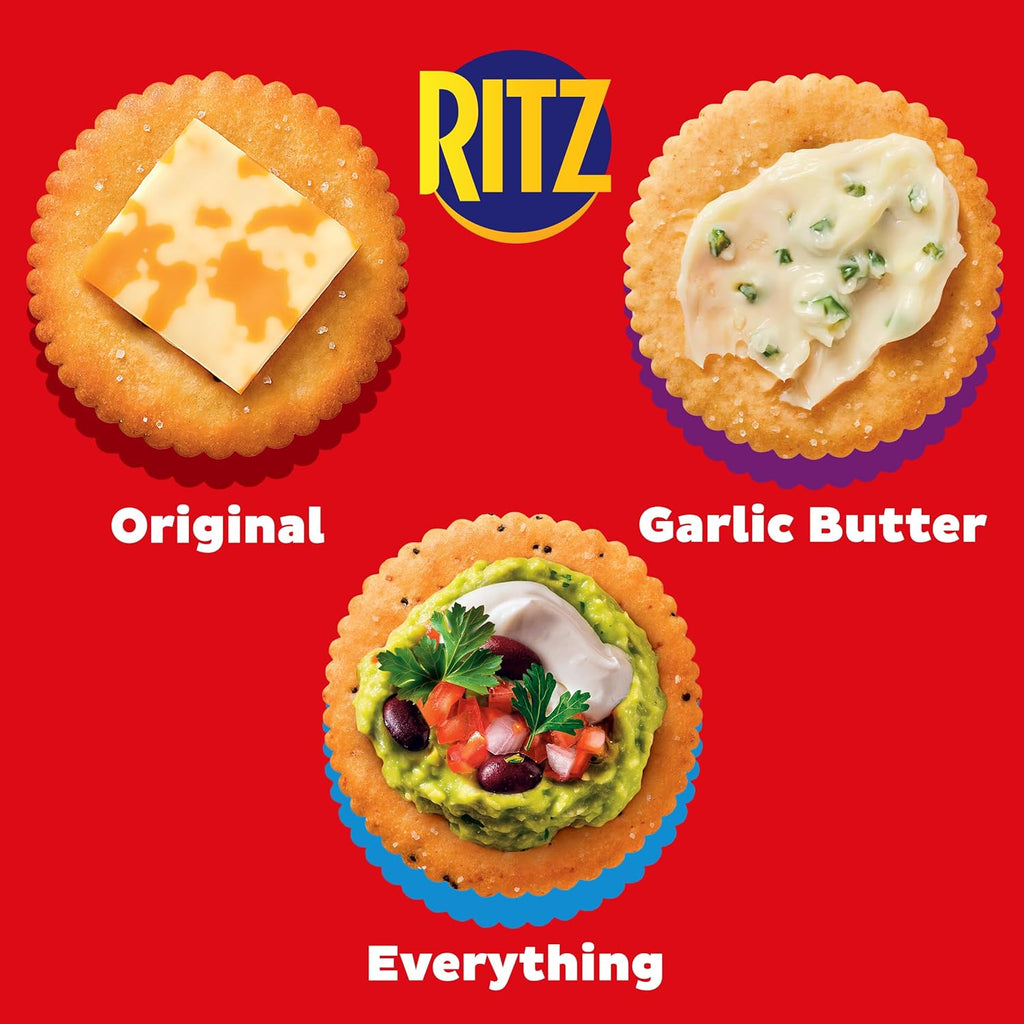 RITZ Crackers Entertaining Variety Pack with Original, Everything, and Garlic Butter Crackers, Snacks for Kids and Adults, Party Snacks, 10.3 oz