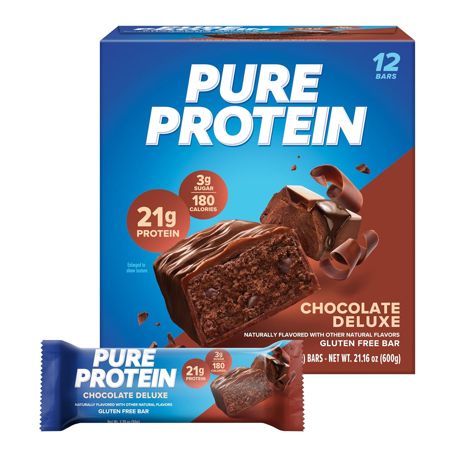 Pure Protein Chocolate Peanut Butter Protein Bars – 20g Protein, 3g Sugar, 190 Calories (12 count) Low Sugar* High Protein Snack - Gluten Free - Perfect for a Healthy Snack