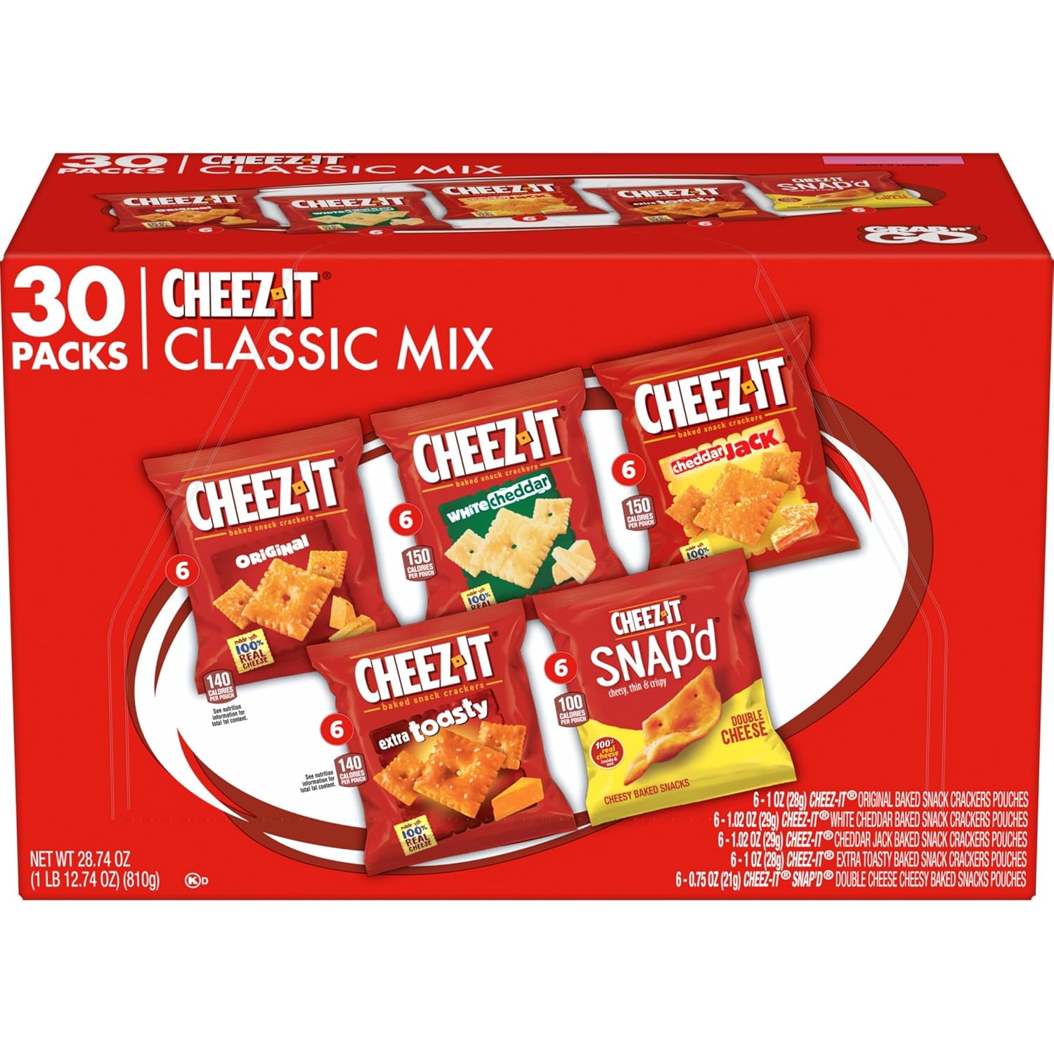 Cheez-It Cheese Crackers, Baked Snack Crackers, Office and Kids Snacks, Variety Pack, 28.74oz Box (30 Packs)