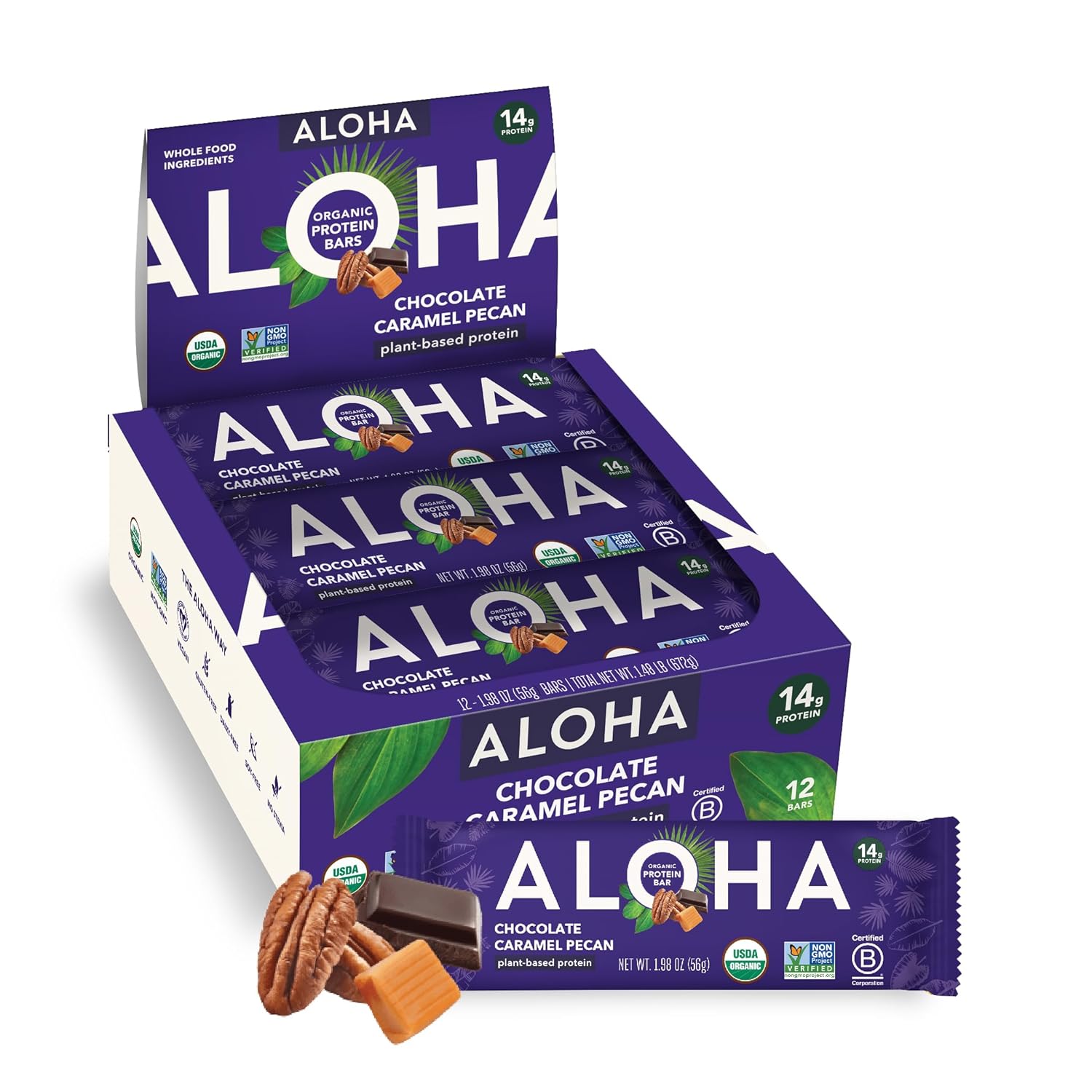 ALOHA Organic Plant Based Protein Bars - Peanut Butter Cup Bar - 12 Bars, Vegan, Low Sugar, Gluten-Free, Low Carb, Non-GMO, No Stevia, No Erythritol