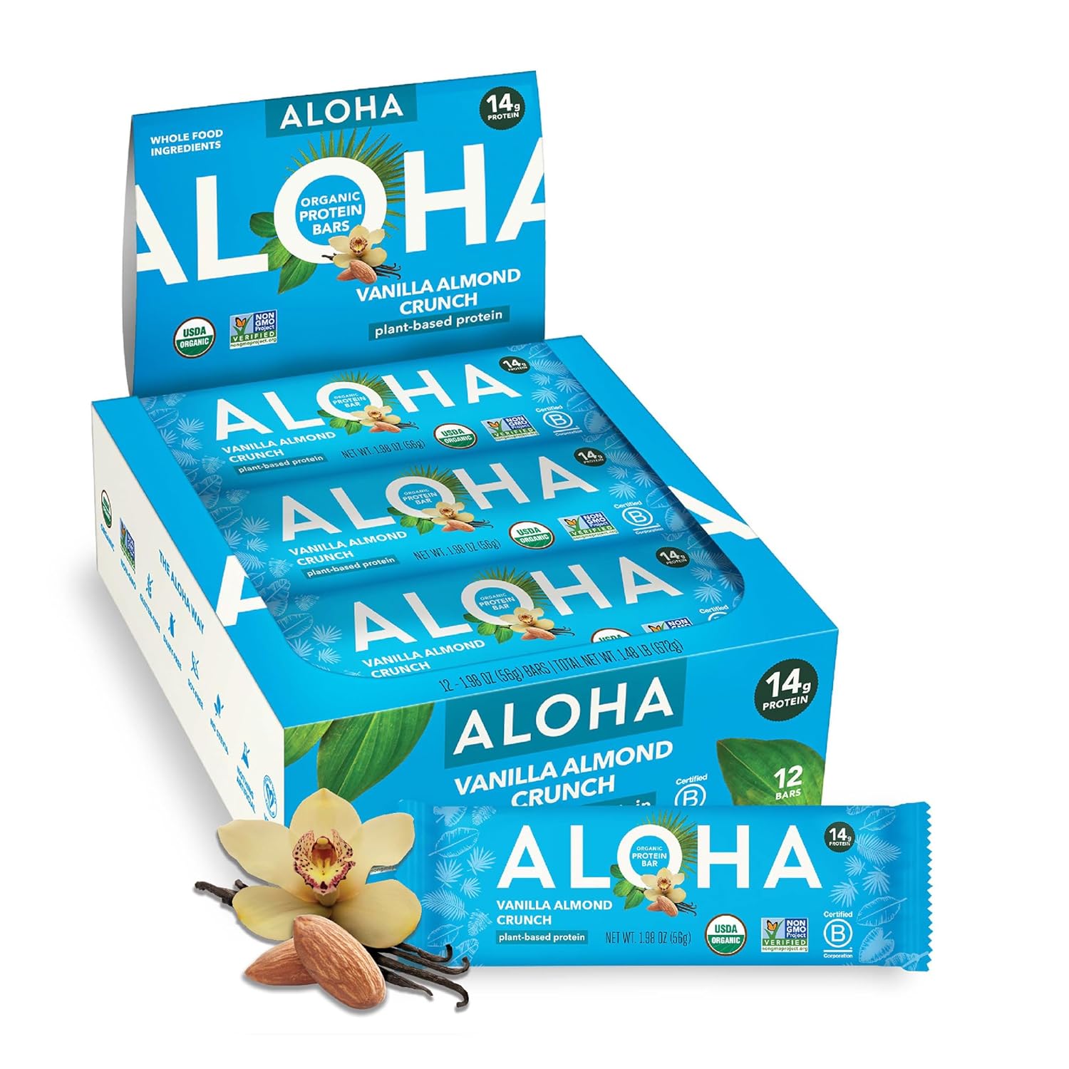 ALOHA Organic Plant Based Protein Bars - Peanut Butter Cup Bar - 12 Bars, Vegan, Low Sugar, Gluten-Free, Low Carb, Non-GMO, No Stevia, No Erythritol