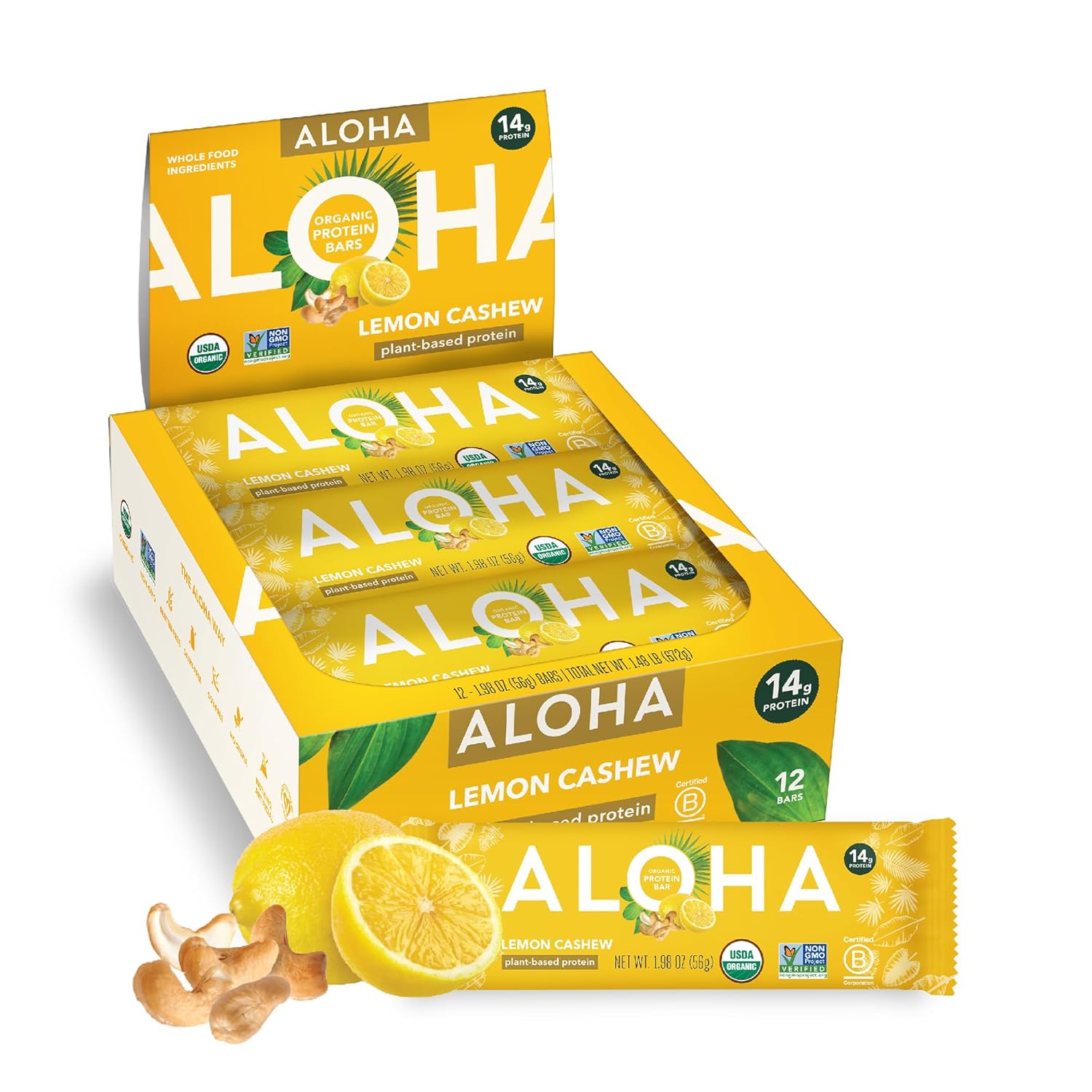 ALOHA Organic Plant Based Protein Bars - Peanut Butter Cup Bar - 12 Bars, Vegan, Low Sugar, Gluten-Free, Low Carb, Non-GMO, No Stevia, No Erythritol