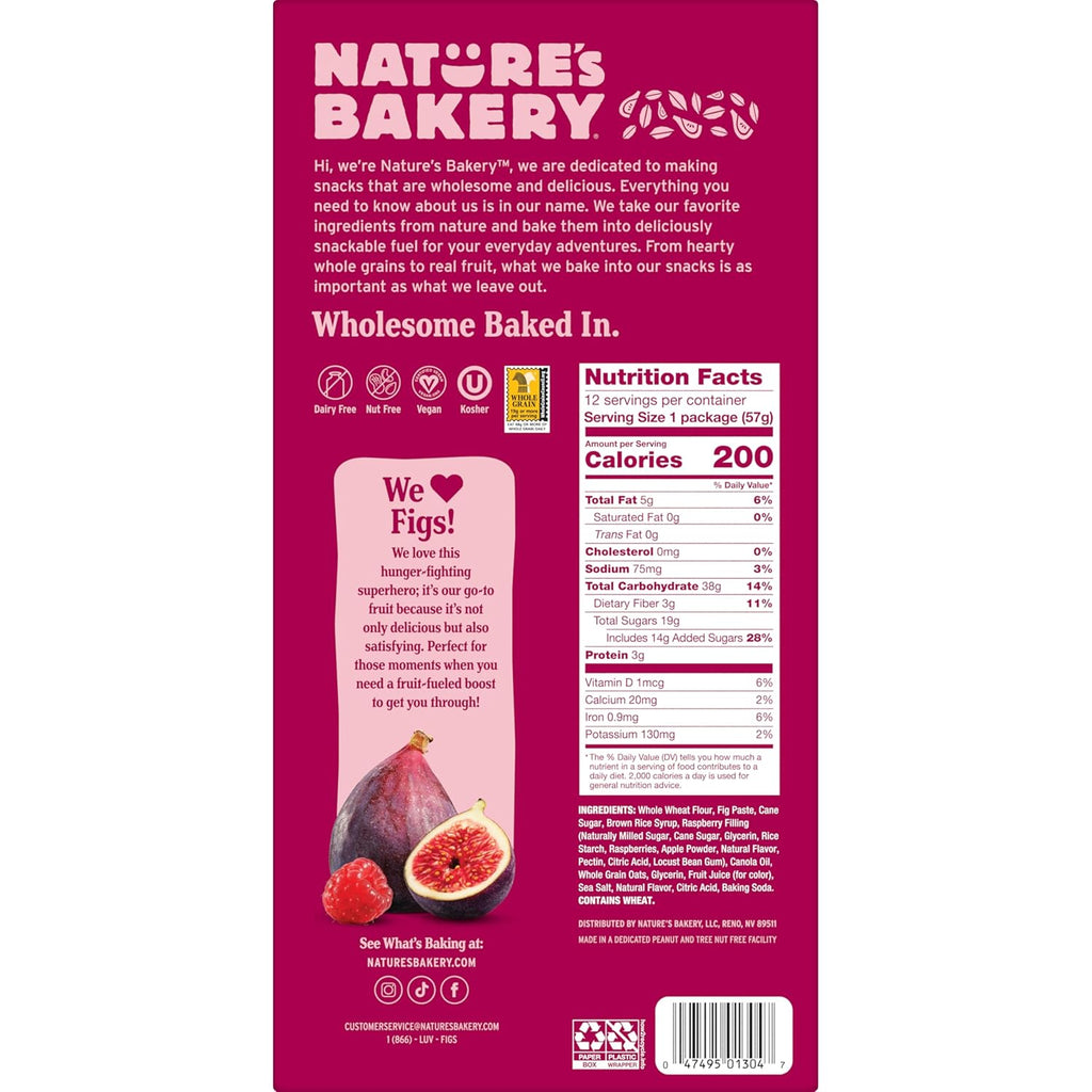 Nature’s Bakery Whole Wheat Fig Bars, Raspberry, Real Fruit, Vegan, Non-GMO, Snack bar, 1 box with 12 twin packs (12 twin packs)