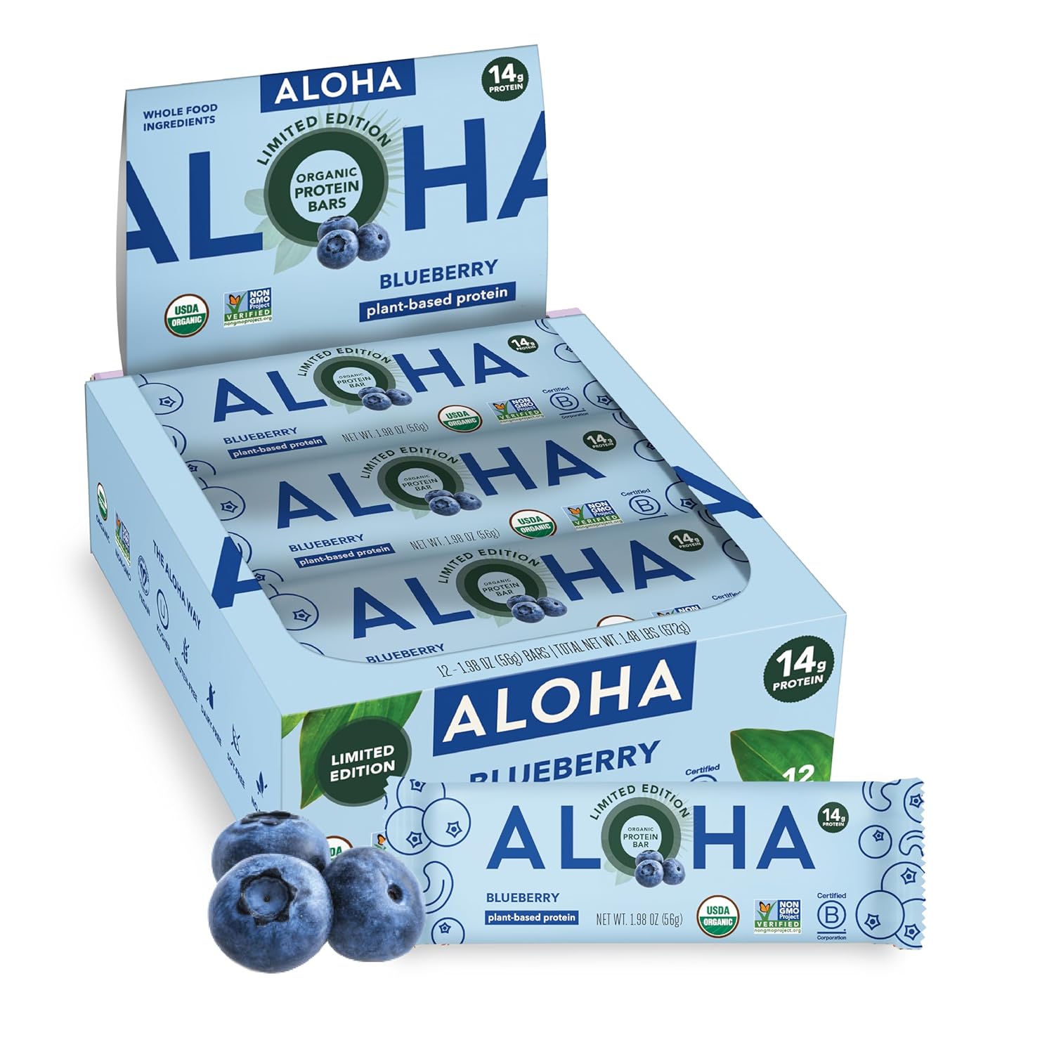 ALOHA Organic Plant Based Protein Bars - Peanut Butter Cup Bar - 12 Bars, Vegan, Low Sugar, Gluten-Free, Low Carb, Non-GMO, No Stevia, No Erythritol