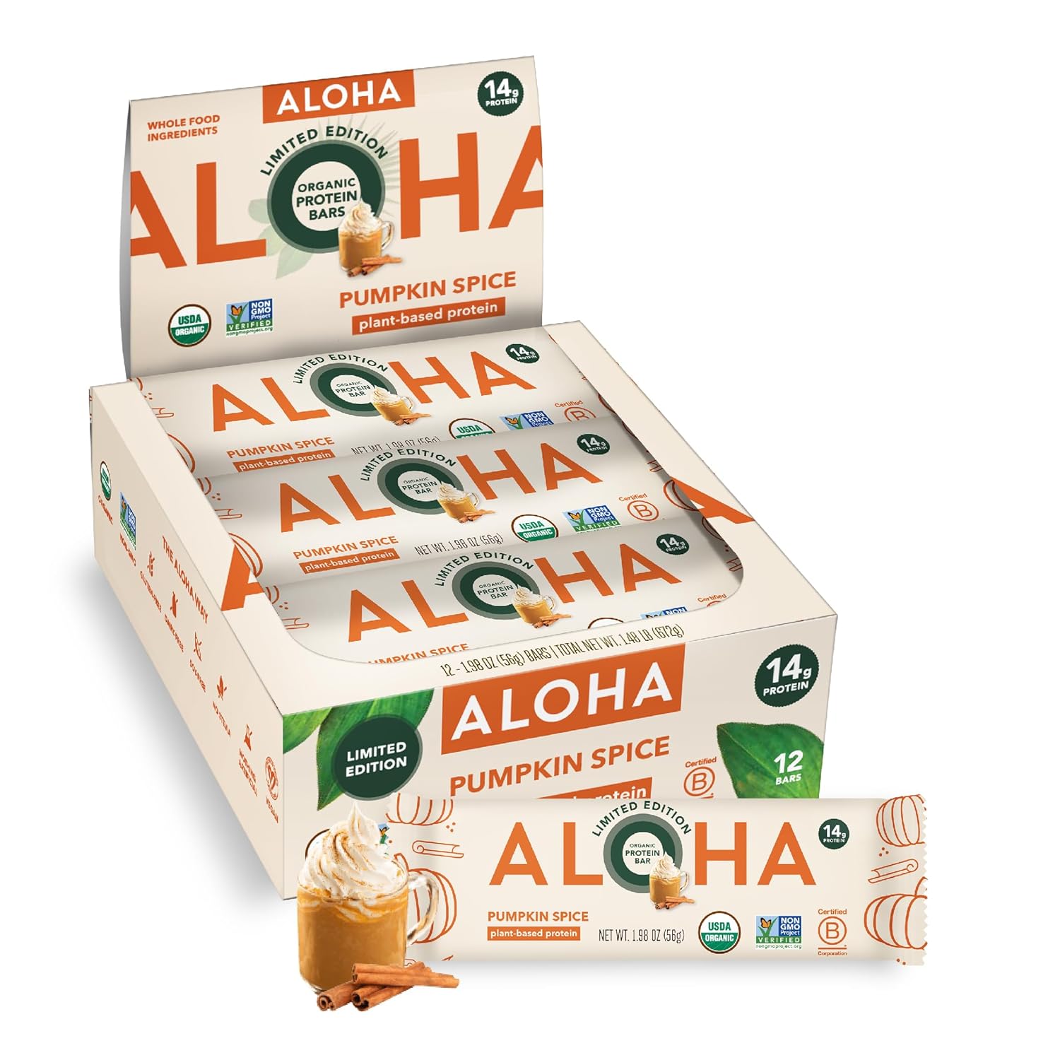 ALOHA Organic Plant Based Protein Bars - Peanut Butter Cup Bar - 12 Bars, Vegan, Low Sugar, Gluten-Free, Low Carb, Non-GMO, No Stevia, No Erythritol