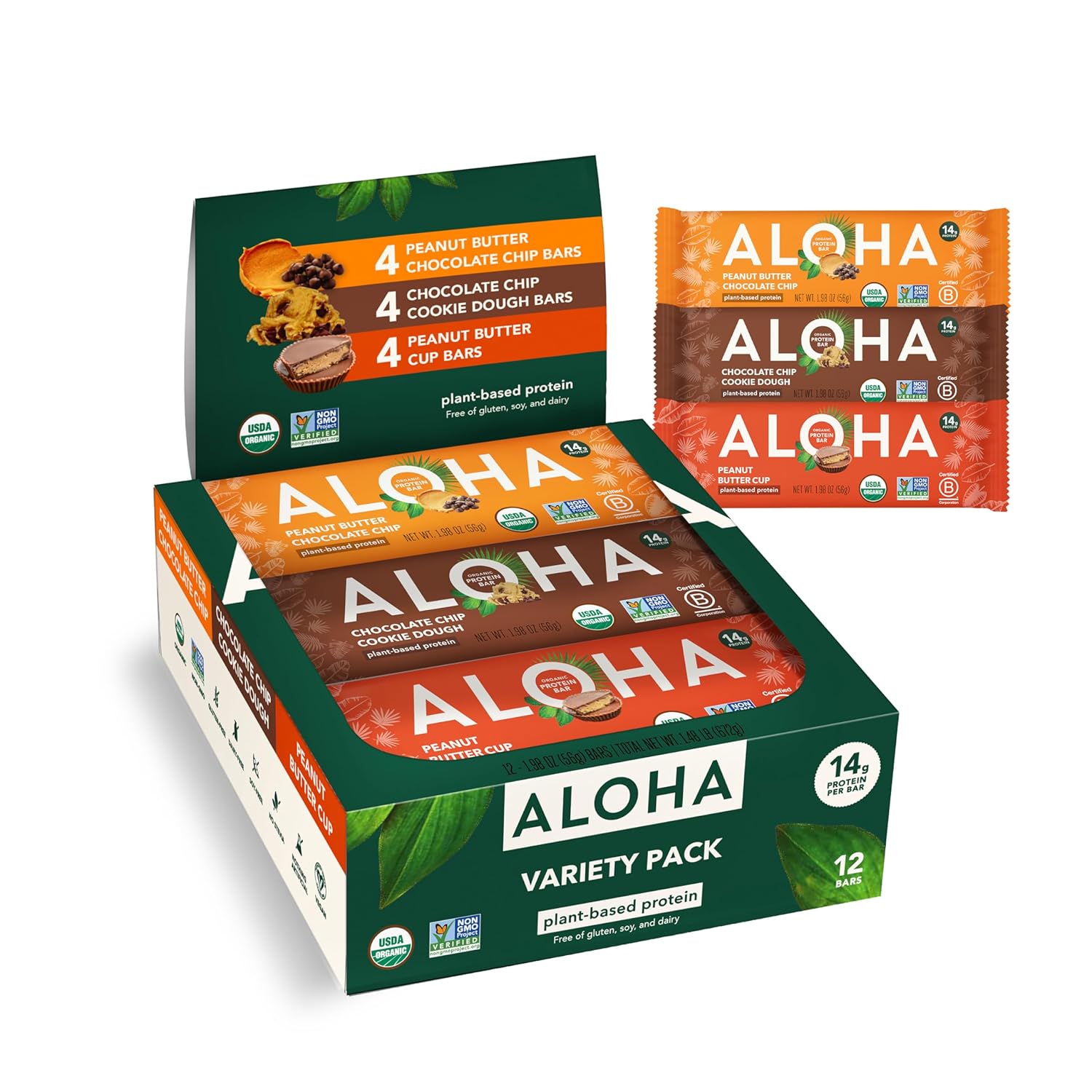 ALOHA Organic Plant Based Protein Bars - Peanut Butter Cup Bar - 12 Bars, Vegan, Low Sugar, Gluten-Free, Low Carb, Non-GMO, No Stevia, No Erythritol