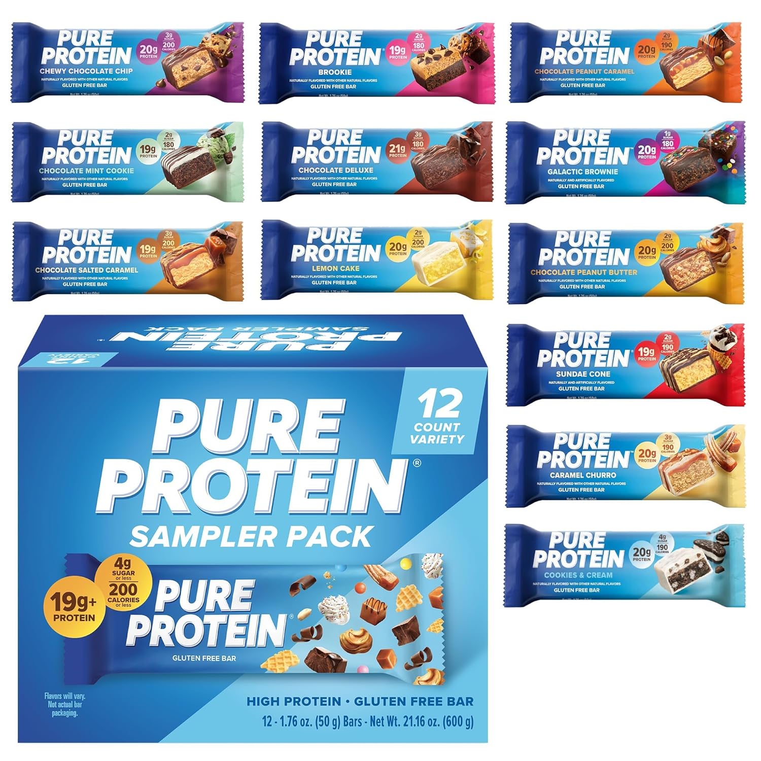 Pure Protein Chocolate Peanut Butter Protein Bars – 20g Protein, 3g Sugar, 190 Calories (12 count) Low Sugar* High Protein Snack - Gluten Free - Perfect for a Healthy Snack