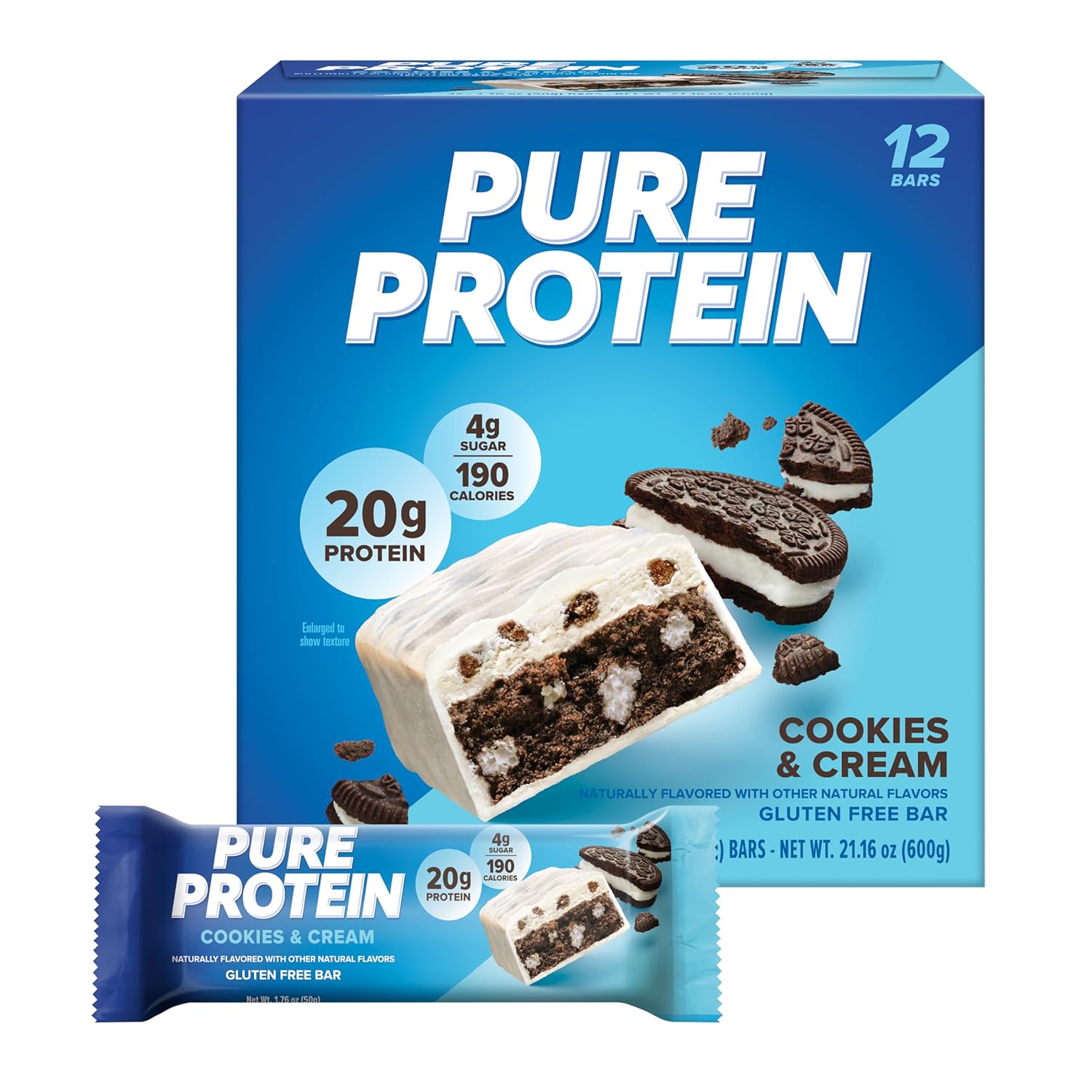 Pure Protein Chocolate Peanut Butter Protein Bars – 20g Protein, 3g Sugar, 190 Calories (12 count) Low Sugar* High Protein Snack - Gluten Free - Perfect for a Healthy Snack