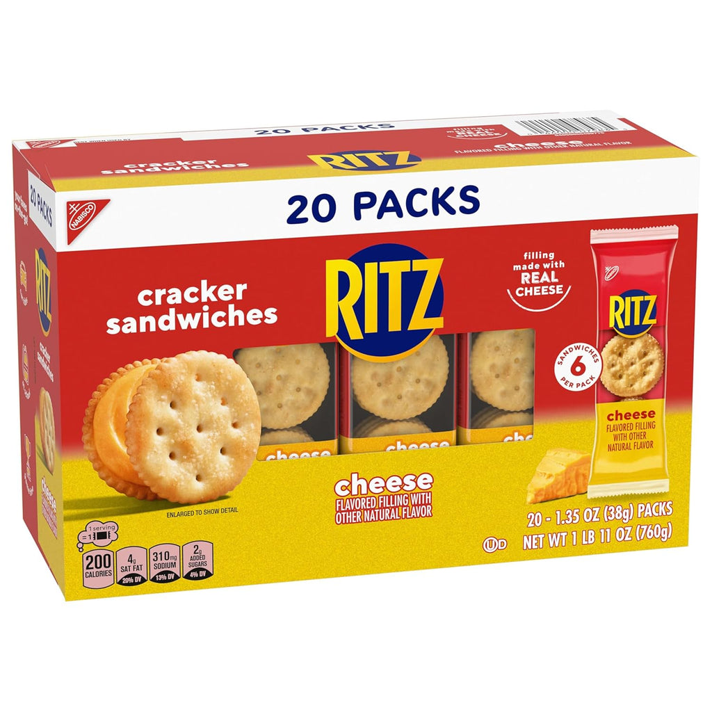 RITZ Cheese Sandwich Crackers, Lunch Snacks, 20 Snack Packs (6 Crackers Per Pack)