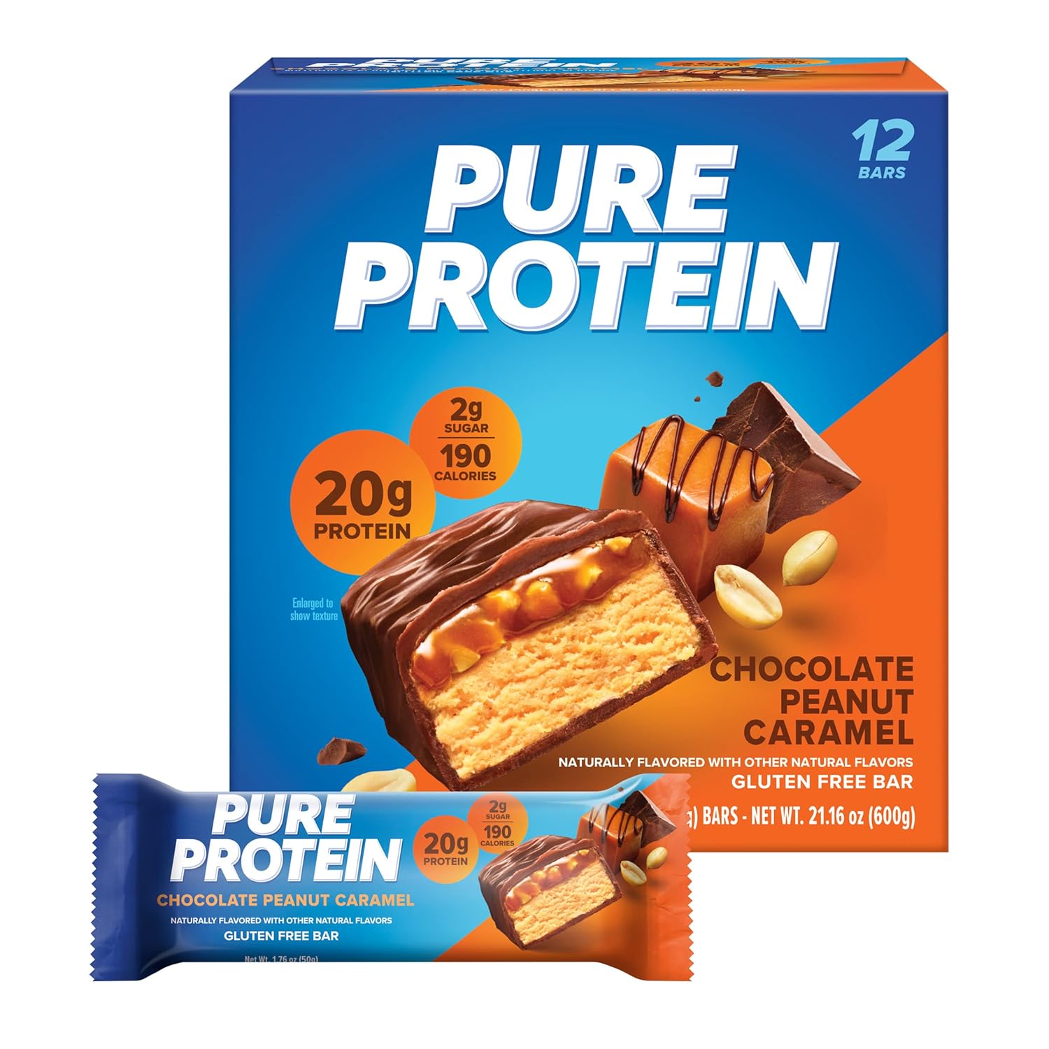 Pure Protein Chocolate Peanut Butter Protein Bars – 20g Protein, 3g Sugar, 190 Calories (12 count) Low Sugar* High Protein Snack - Gluten Free - Perfect for a Healthy Snack