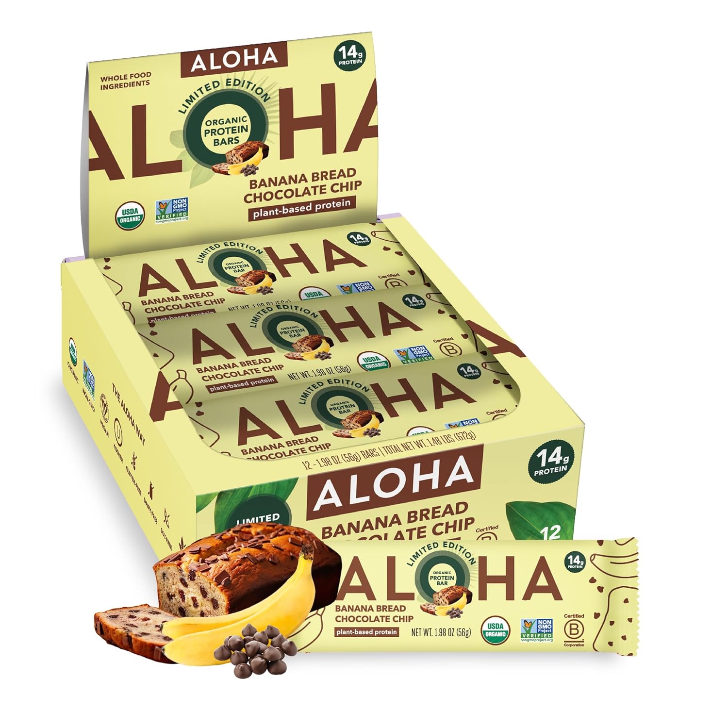 ALOHA Organic Plant Based Protein Bars - Peanut Butter Cup Bar - 12 Bars, Vegan, Low Sugar, Gluten-Free, Low Carb, Non-GMO, No Stevia, No Erythritol
