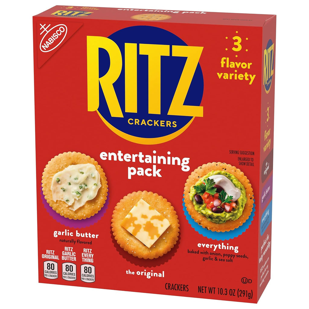 RITZ Crackers Entertaining Variety Pack with Original, Everything, and Garlic Butter Crackers, Snacks for Kids and Adults, Party Snacks, 10.3 oz