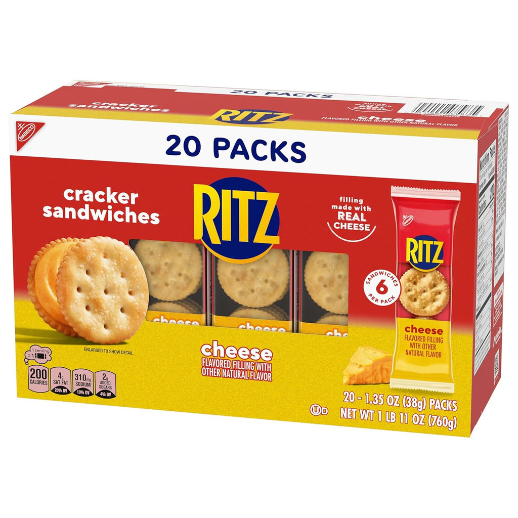 RITZ Cheese Sandwich Crackers, Lunch Snacks, 20 Snack Packs (6 Crackers Per Pack)