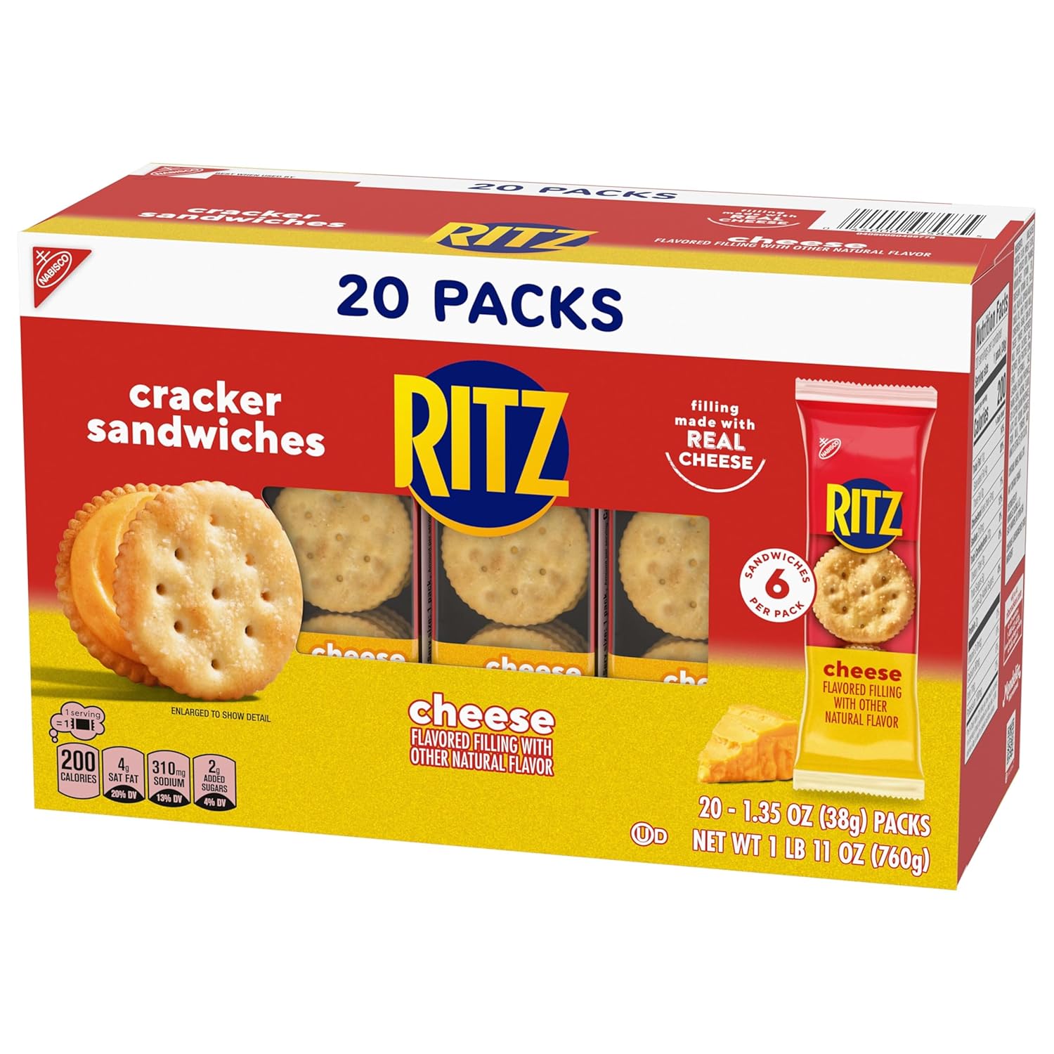 RITZ Cheese Sandwich Crackers, Lunch Snacks, 20 Snack Packs (6 Crackers Per Pack)