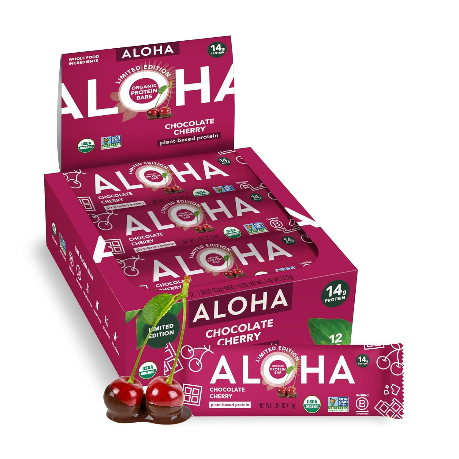 ALOHA Organic Plant Based Protein Bars - Peanut Butter Cup Bar - 12 Bars, Vegan, Low Sugar, Gluten-Free, Low Carb, Non-GMO, No Stevia, No Erythritol