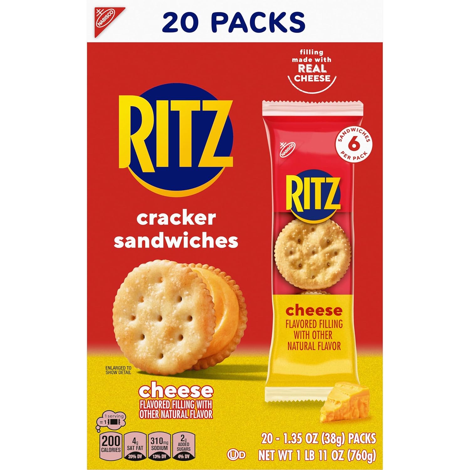 RITZ Cheese Sandwich Crackers, Lunch Snacks, 20 Snack Packs (6 Crackers Per Pack)