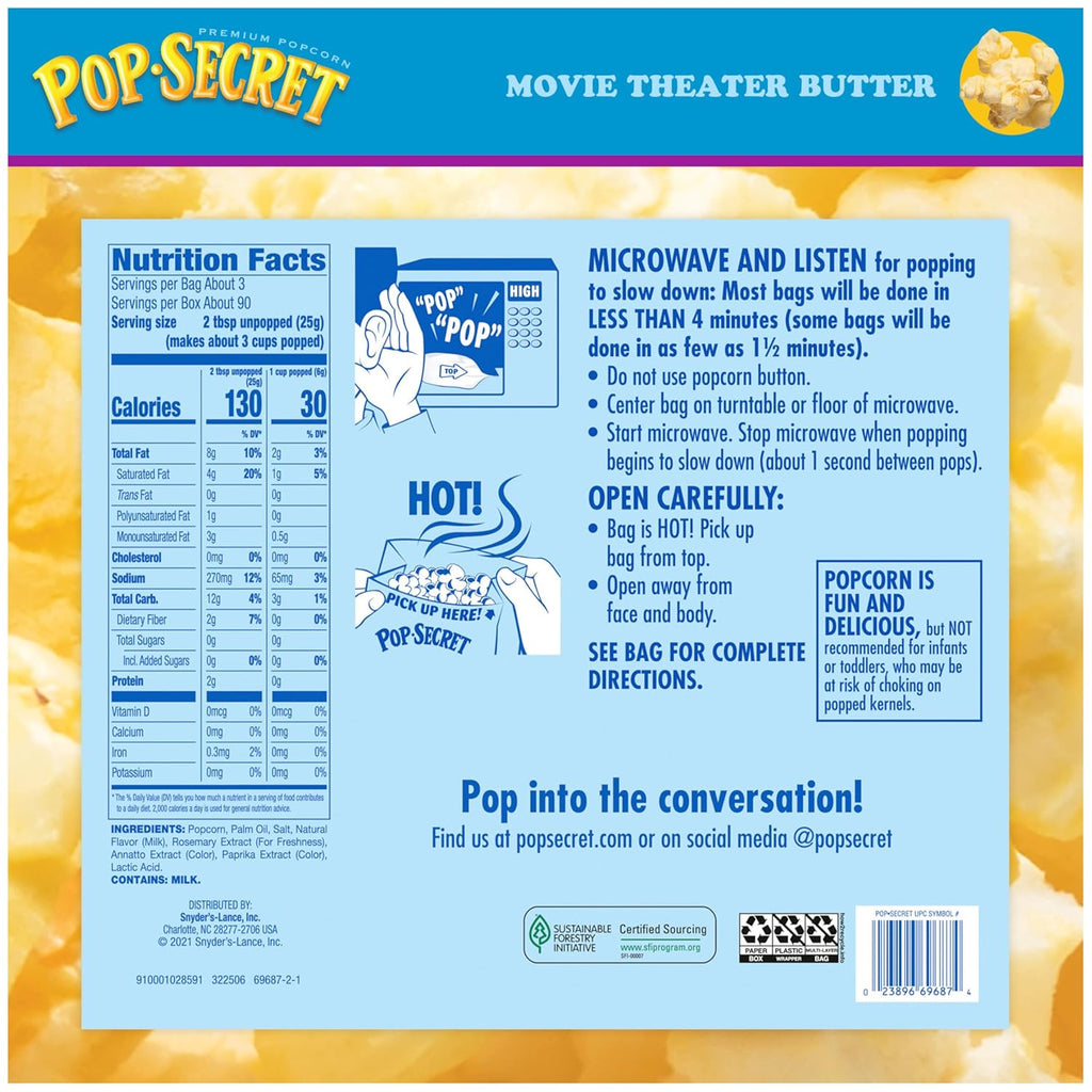 Pop Secret Microwave Popcorn, Movie Theater Butter Flavor, 3 Oz Sharing Bags, 30 Ct