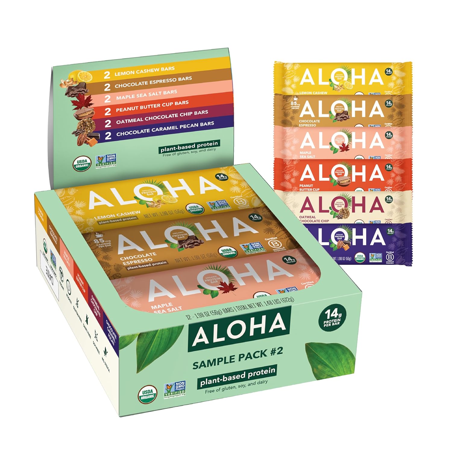 ALOHA Organic Plant Based Protein Bars - Peanut Butter Cup Bar - 12 Bars, Vegan, Low Sugar, Gluten-Free, Low Carb, Non-GMO, No Stevia, No Erythritol