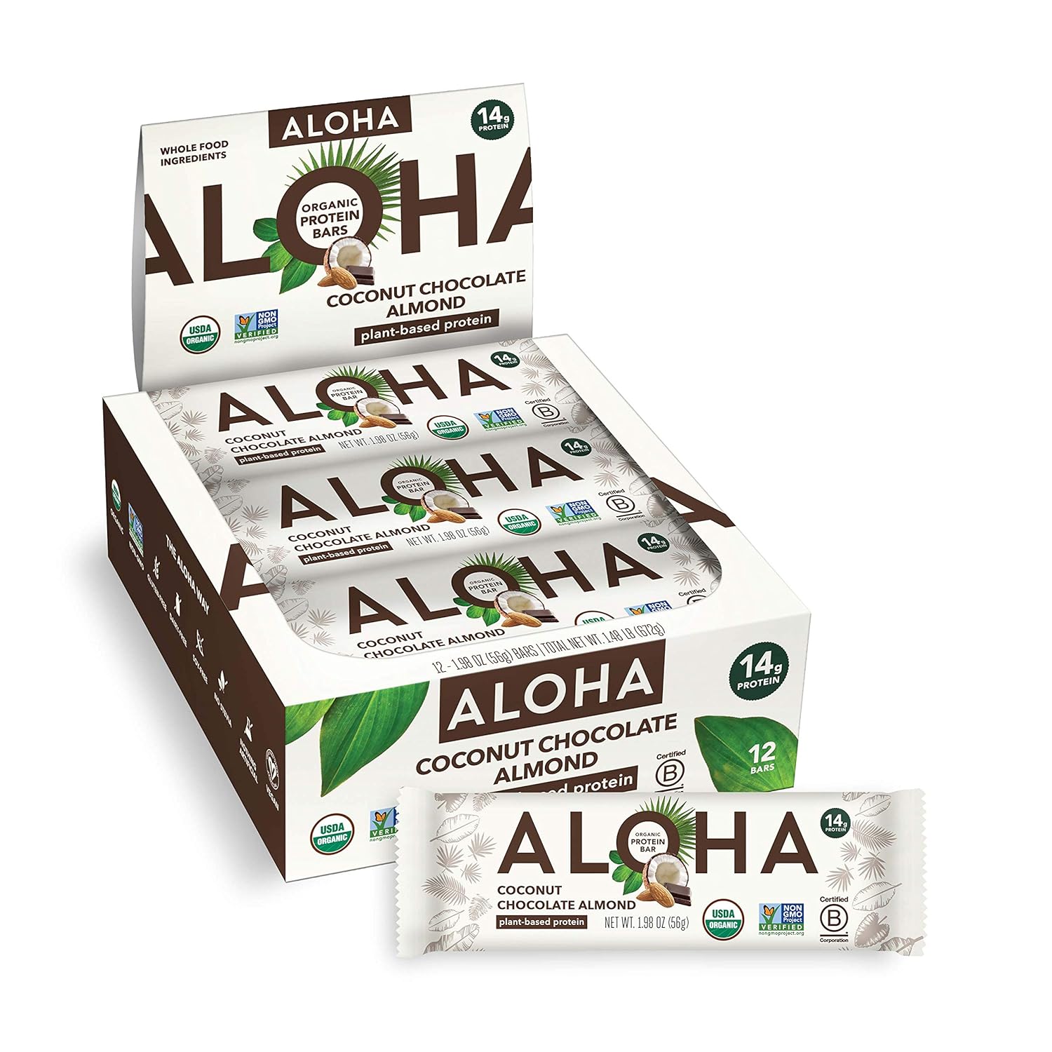 ALOHA Organic Plant Based Protein Bars - Peanut Butter Cup Bar - 12 Bars, Vegan, Low Sugar, Gluten-Free, Low Carb, Non-GMO, No Stevia, No Erythritol