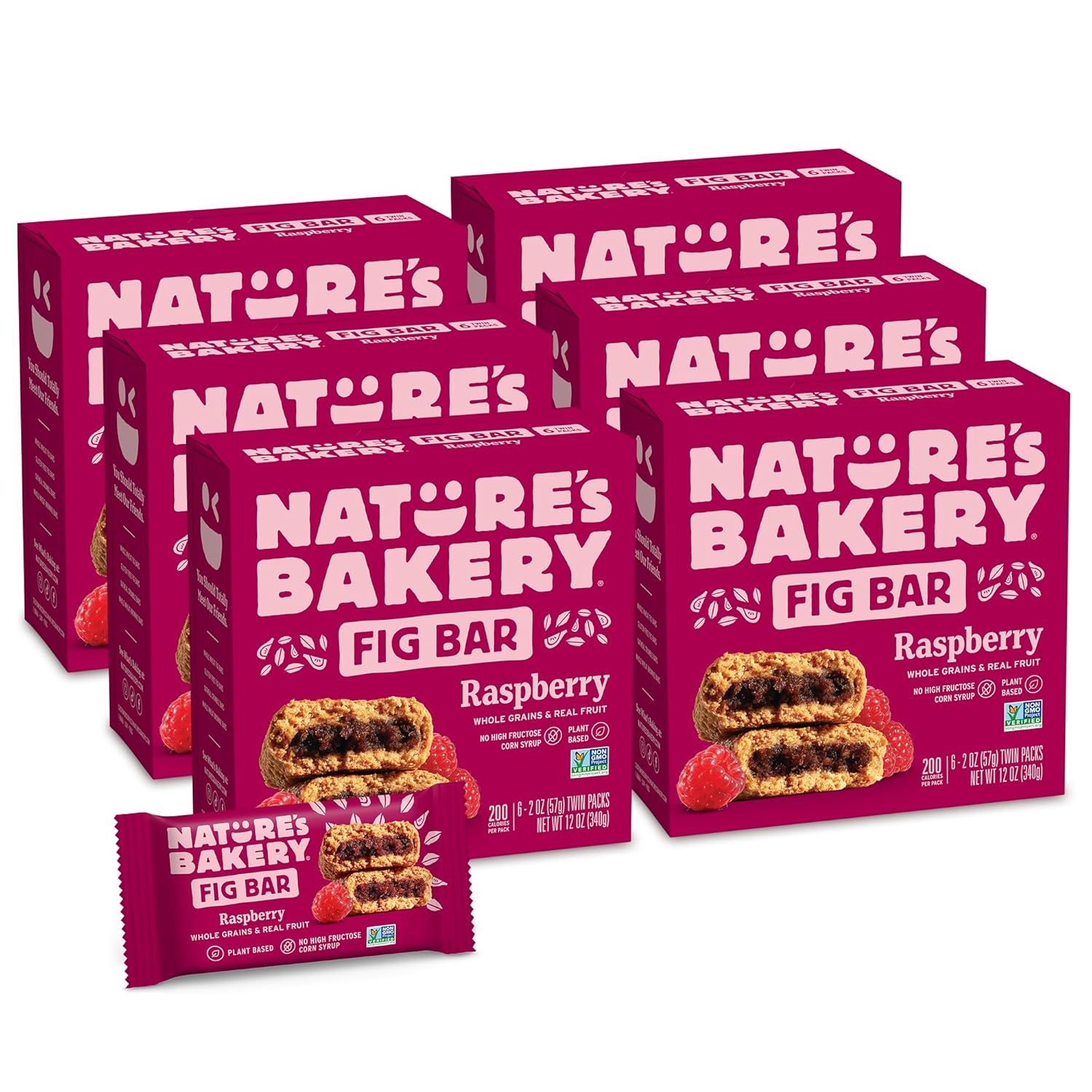 Nature’s Bakery Whole Wheat Fig Bars, Raspberry, Real Fruit, Vegan, Non-GMO, Snack bar, 1 box with 12 twin packs (12 twin packs)