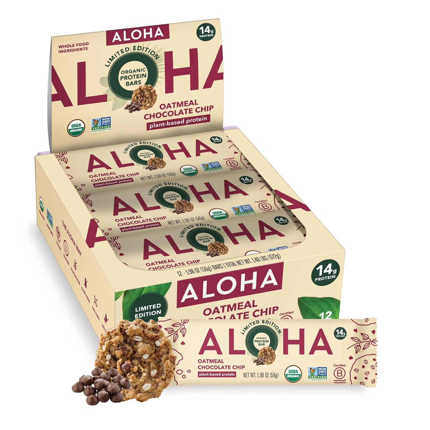 ALOHA Organic Plant Based Protein Bars - Peanut Butter Cup Bar - 12 Bars, Vegan, Low Sugar, Gluten-Free, Low Carb, Non-GMO, No Stevia, No Erythritol