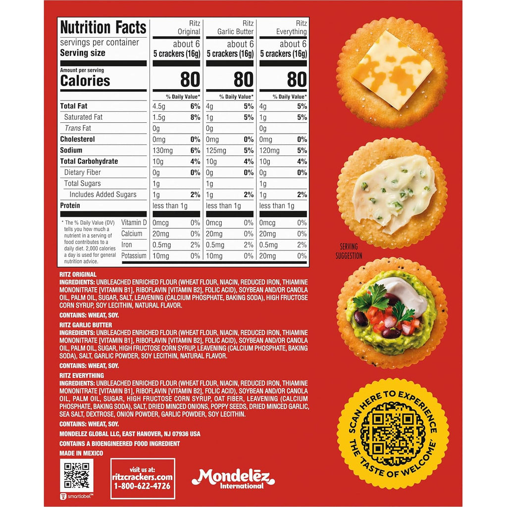 RITZ Crackers Entertaining Variety Pack with Original, Everything, and Garlic Butter Crackers, Snacks for Kids and Adults, Party Snacks, 10.3 oz