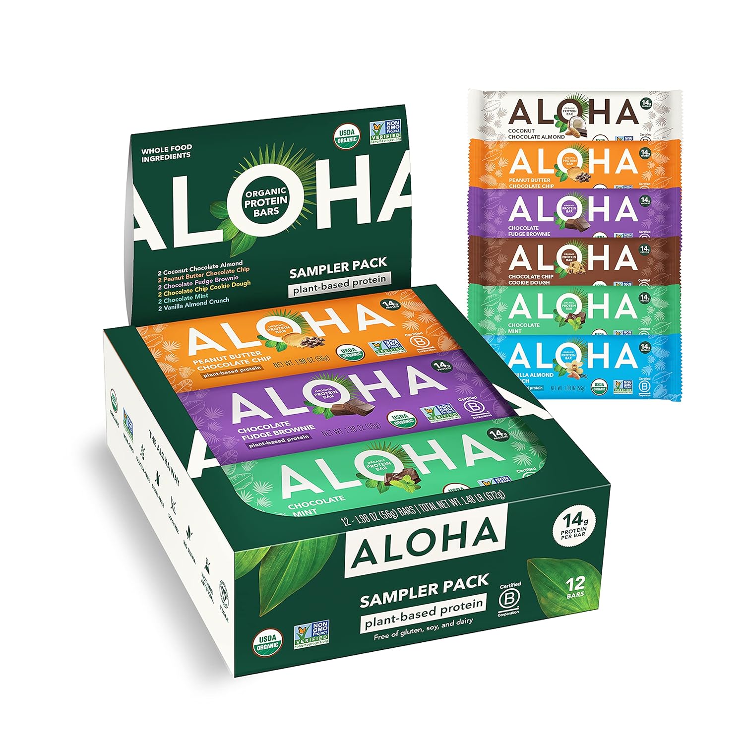 ALOHA Organic Plant Based Protein Bars - Peanut Butter Cup Bar - 12 Bars, Vegan, Low Sugar, Gluten-Free, Low Carb, Non-GMO, No Stevia, No Erythritol