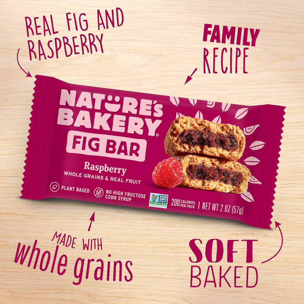 Nature’s Bakery Whole Wheat Fig Bars, Raspberry, Real Fruit, Vegan, Non-GMO, Snack bar, 1 box with 12 twin packs (12 twin packs)