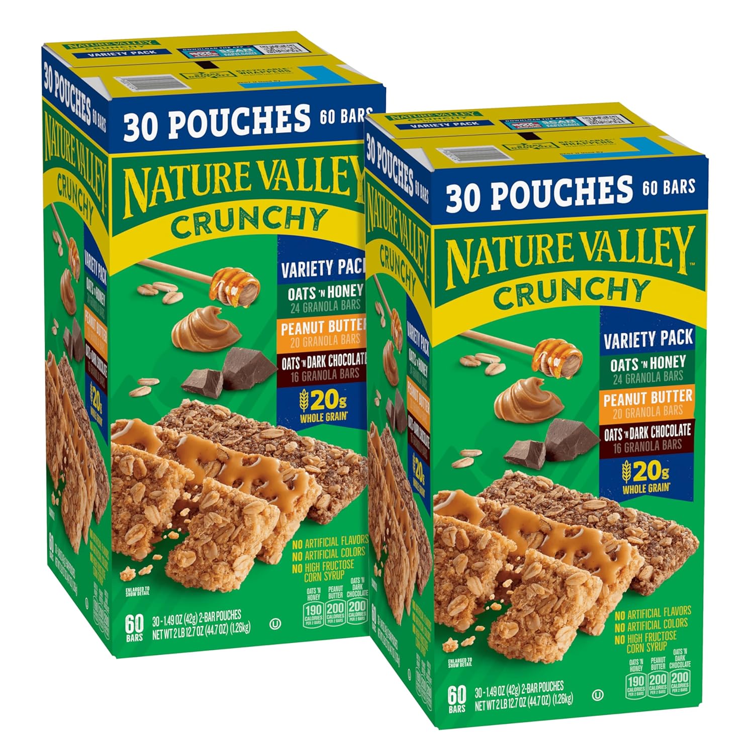 Nature Valley Crunchy Granola Bars, Value Pack, 60 Bars, 44.7 OZ Count (30 Pouches)